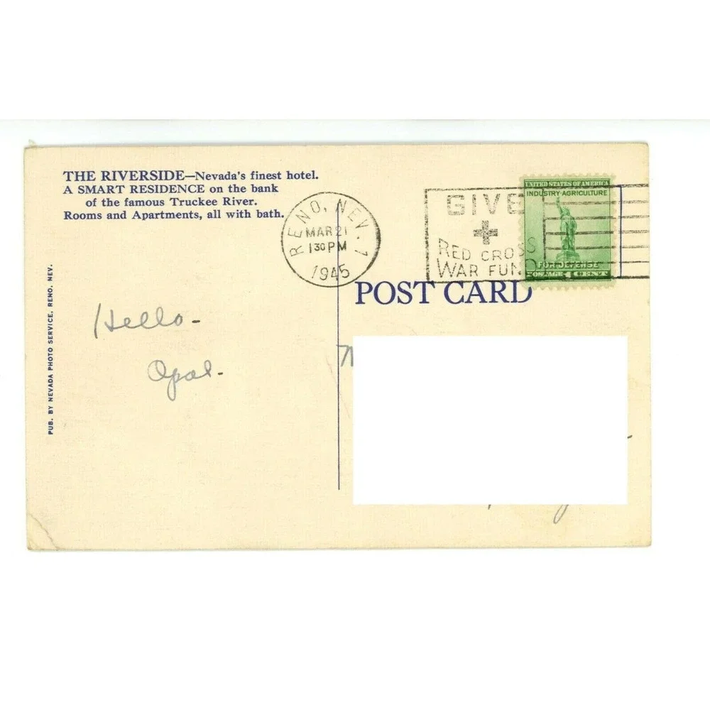 Vintage‎ Postcard Reno Nevada Hotel Riverside US Post Office Travel Truckee USA